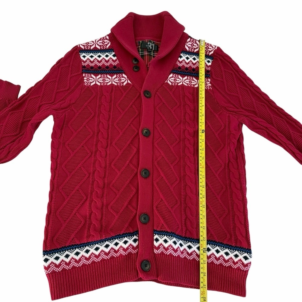 LE 31 SIMONS Red Fair Isle Shawl Collar Cotton Cardigan m - Picture 12 of 13